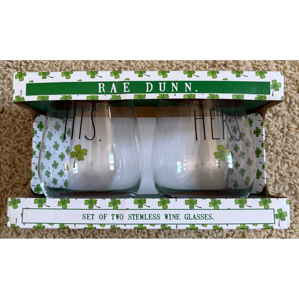 Rae Dunn St Patricks Day "His & Hers" Stemless Wine Glasses Set of 2 Clovers NEW